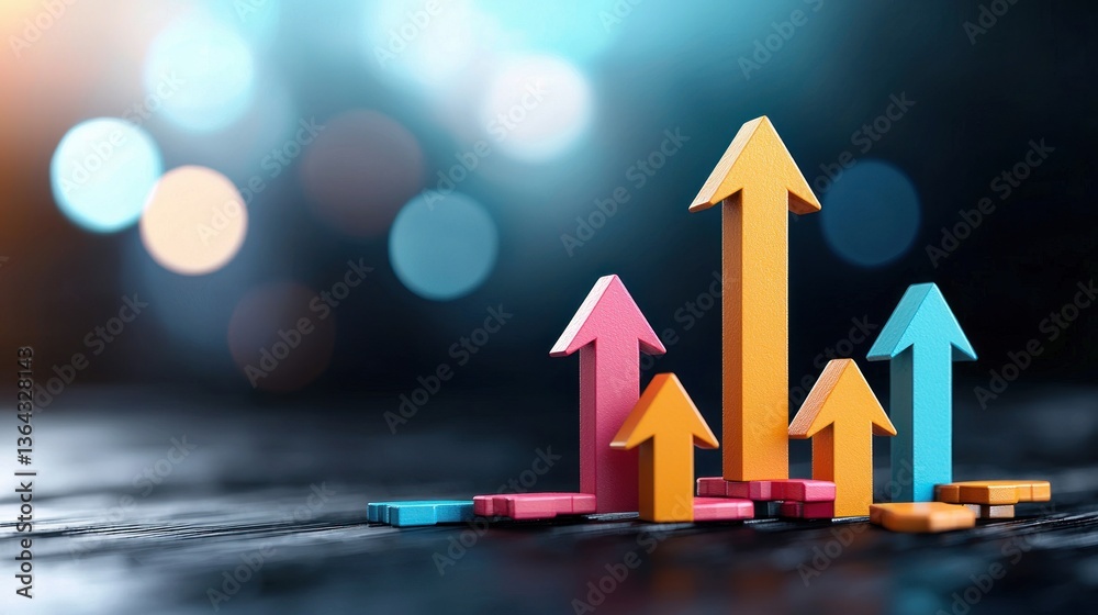 Aufkleber colorful upward arrows showing growth progress and success on dark wooden background with bokeh ligh