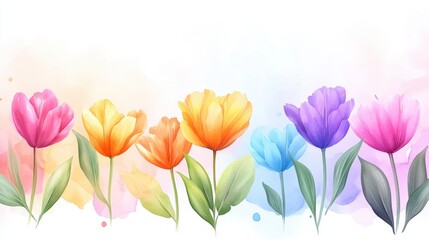 Fototapeta premium Vibrant Watercolor Rainbow Tulips Spring Floral Design Blossom Illustration