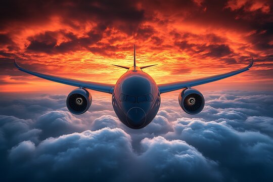 A large passenger airplane flies high above the fluffy clouds in the sky
