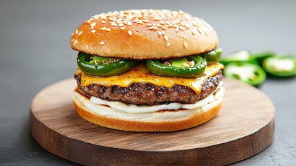 Delicious cheeseburger with jalapenos on wooden plate, ideal for fast food concept.