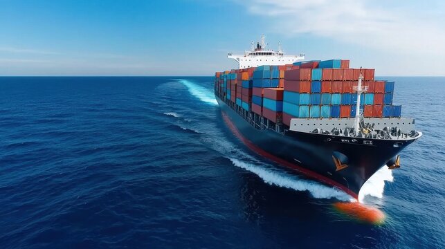 Aerial view of a massive container cargo ship transporting thousands of freight packages across the calm and serene blue ocean horizon  Representing the global trade and logistics industry