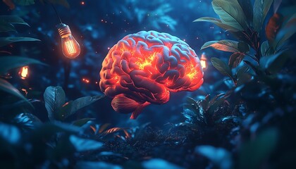 A vibrant digital illustration of a human brain glowing with colorful energy