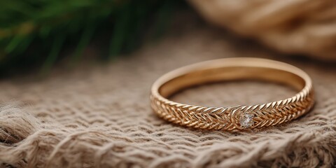Elegant gold ring with intricate design and diamond detail on textured fabric surface, perfect for luxury showcase