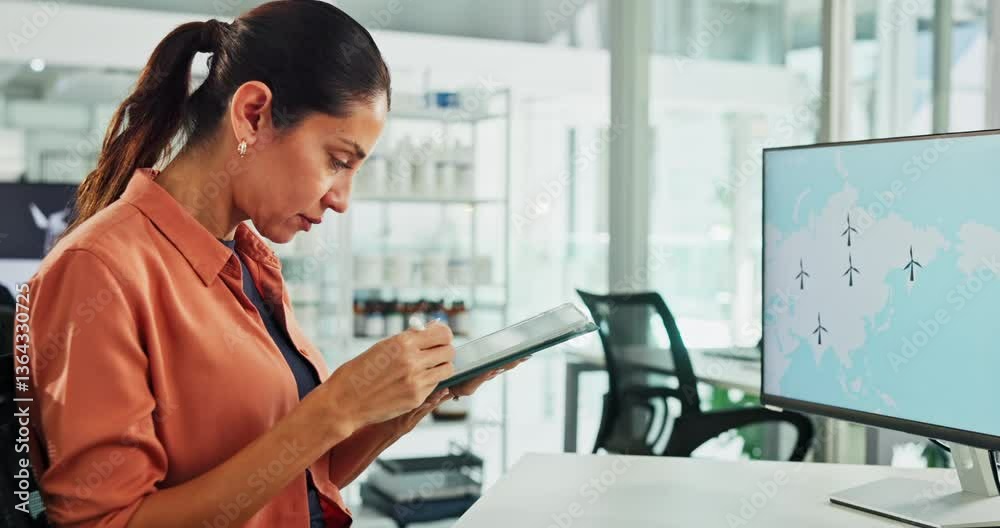 Poster office, businesswoman or computer with tablet for map, location or information for scroll research. 