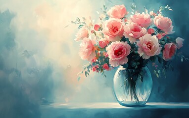 A serene digital painting of a beautiful bouquet in a glass jar