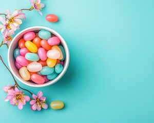 Obraz premium Colorful Candy in a Bowl Surrounded by Blossoms on a Blue Background