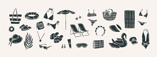 Flat vector doodle beach essentials collection