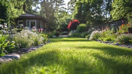 Fototapeta premium Lush green lawn leads to a cozy house and garden. Ideal for real estate, landscaping, or idyllic lifestyle content.