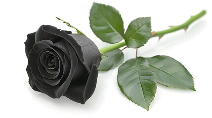 Elegant Black Rose on White Background with Green Leaves Detail