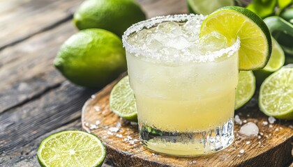 Fototapeta premium A zesty and tangy margarita with freshly squeezed lime juice, tequila, and triple sec, served with a salted rim and lime wedge.