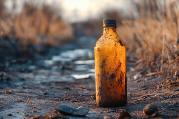 An Abandoned Dirty Glass Bottle, Concept of Environmental Pollution and Climate Change Caused by an Unsustainable Lifestyle