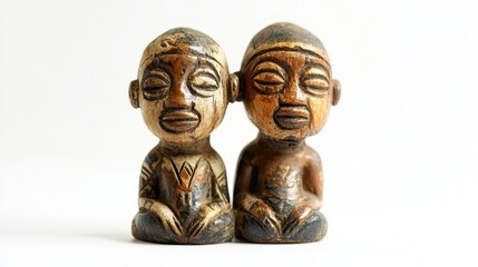 Two Wooden Figurines Standing Together Against a White Background