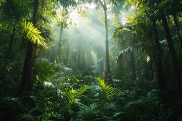 Fototapeta premium Lush green foliage fills this vibrant, sunlit tropical rainforest scene. Use for nature themes, ecology projects, or travel related materials.