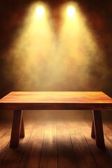 A wooden table is illuminated by two overhead spotlights