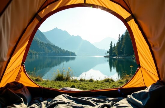 tourist tent and beautiful views of nature from inside