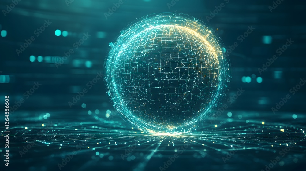 Poster intricate sphere depicting a network of lines and dots in a futuristic cosmic environment with fract