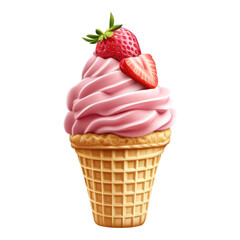 Strawberry ice cream in waffle cone isolated on transparent background