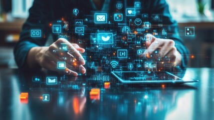 Person interacts with digital social media icons on tablet