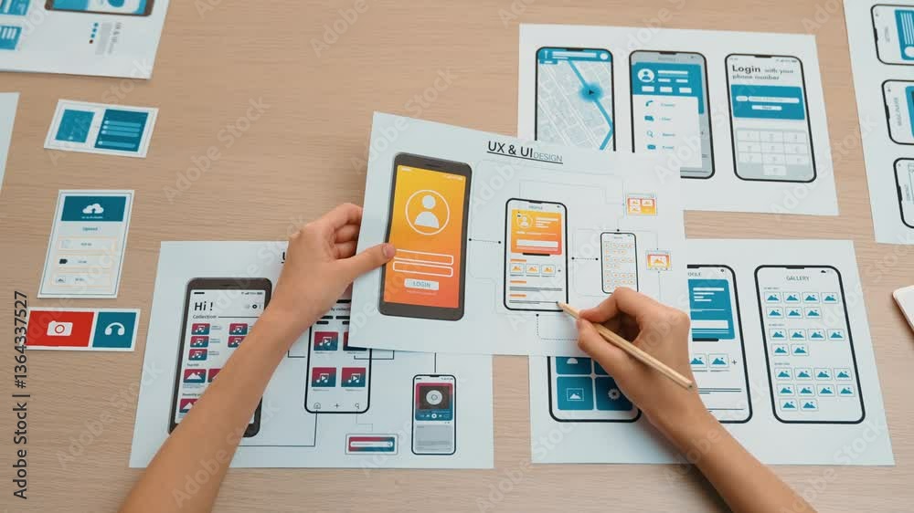 Fototapete startup company employee planning for user interface prototype for mobile application or website in 