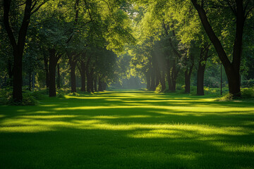 Naklejka premium Sunlit Path Through Lush Green Forest with Trees