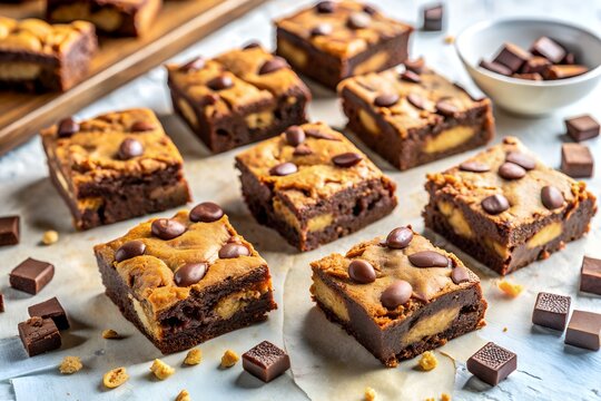 peanut butter brownies with chocolate chunks in white background