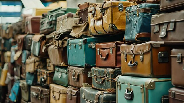 Vintage luggage stacked in a storage area showcasing various colors and designs in late afternoon light
