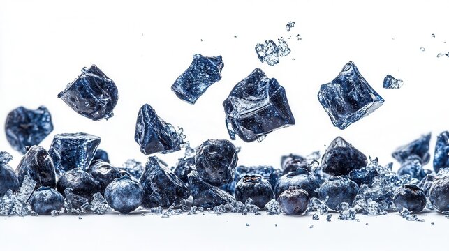 Blueberries and icy crystal structures presented against a white background