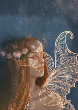 A romantic girl with her eyes closed, a nymph, stands against a dark background. An image of a fabulous fantasy dragon from a projector is projected onto it.