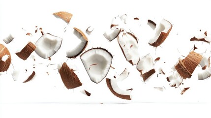 Pieces of a cracked coconut fruit are floating upwards