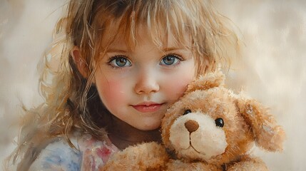 Girl hugging teddy, soft light, gentle portrait