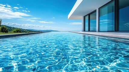 Obraz premium Modern villa with infinity pool overlooking a scenic landscape and blue sky