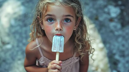 A girl with curly hair enjoys a refreshing popsicle while sitting outside. Her bright blue eyes reflect the joy of a sunny afternoon. The cool treat contrasts with the warmth of the day.