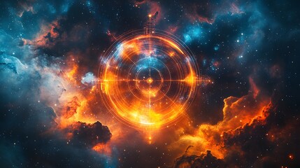 A captivating space scene featuring a bright orange circle against the vastness of the cosmos and nebula