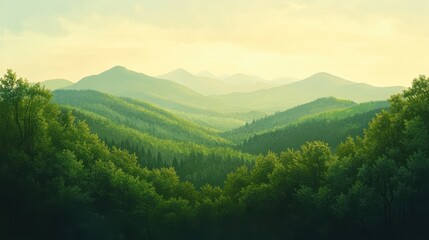 Lush green hills stretch into the distance under a soft, yellow sky. Ideal for backgrounds depicting nature, tranquility, and the environment.
