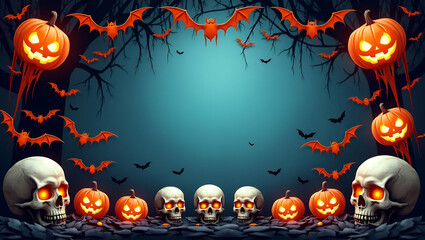 Halloween skulls and bats border frame with spooky copy space for Halloween concept as Intricate Halloween skulls and flying bats framing spooky space for Halloween greetings in  Photo Stock  Concept 