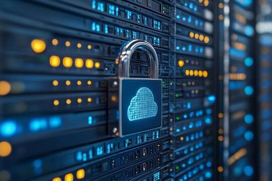 a padlock with a cloud symbol overlaid on a server rack, representing data security