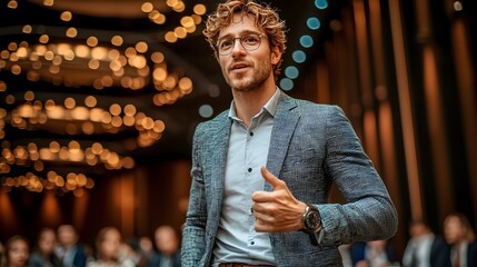 Confident Man in Suit Giving Thumbs Up in Elegant Event Setting