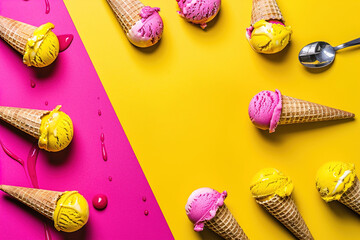Close-up of multiple ice cream cones arranged symmetrically, showcasing colorful, vibrant scoops in pattern
