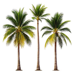 Obraz premium Three Tall Palm Trees with Green Leaves, Isolated on Black Background, Tropical Flora