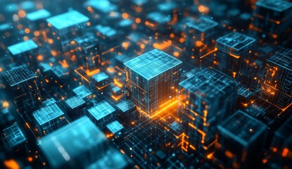 Obraz premium A blue digital city with interconnected buildings and data connections, representing the concept of smart urban management.