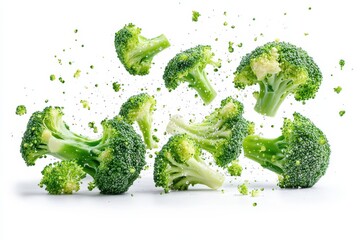Fresh broccoli florets are suspended mid-air, with water droplets visible. This image is great for health, food or recipe related content.