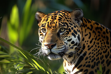 Obraz premium Jaguar Walking Through Lush Green Jungle