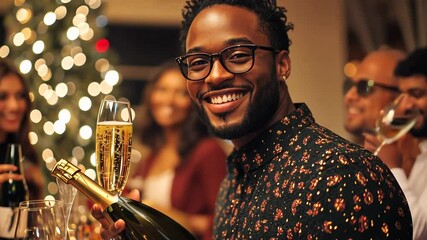 A cheerful man pours champagne into a flute at a lively holiday party with friends gathered around, joy and warmth radiating as they celebrate together in a cozy atmosphere.