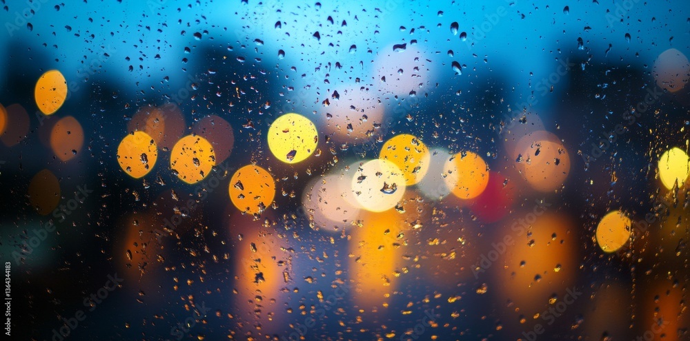 Wall mural abstract blurred background with bokeh lights and rain on window glass in a night city, a banner for
