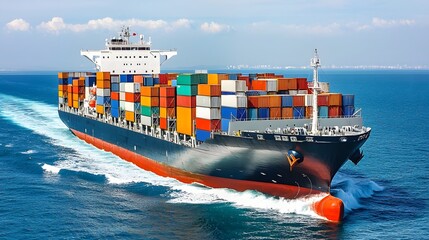 Container Ship Navigating Ocean with Colorful Cargo Boxes