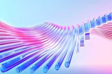 Colorful glass line speed effect. Abstract wave pattern in perspective with holographic gradient on light blue 3d background render. Futuristic digital texture for technology design