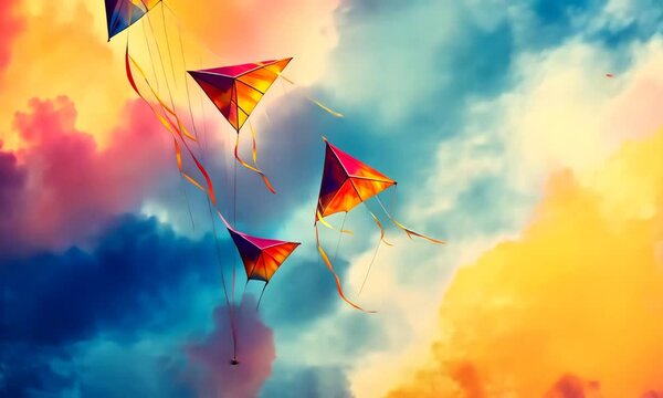 Colorful kites soaring high in a vibrant sky during sunset, creating a joyful and serene atmosphere