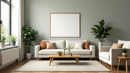 Cozy Living Room Decor: Stylish Furniture, Small Plant Pots & Picture Frames in Vector Illustration