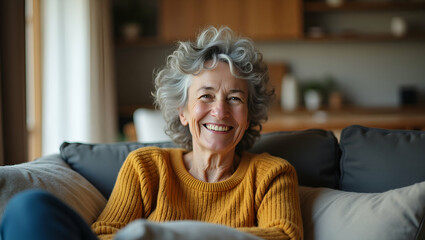 Flat Smiling 50 year old woman with curly gray hair relaxing on cozy sofa exuding warmth and self assured contentment. concept as Peaceful living room fosters personal comfort highlighting vibrant mat