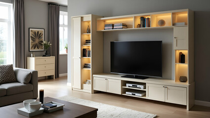 Functional Home Design: Living Room with Storage Table and TV - Modern Living Space Organization Concept with Empty Space for Creative Decor in Photo Stock